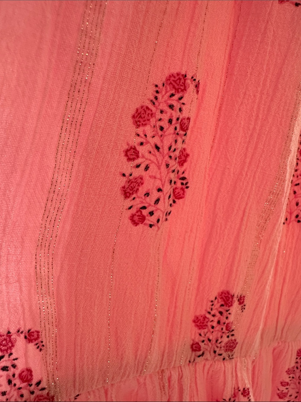 Pink Printed Maxi Dress with Ruffle Sleeves and Waist Tie - Picture 5 of 7